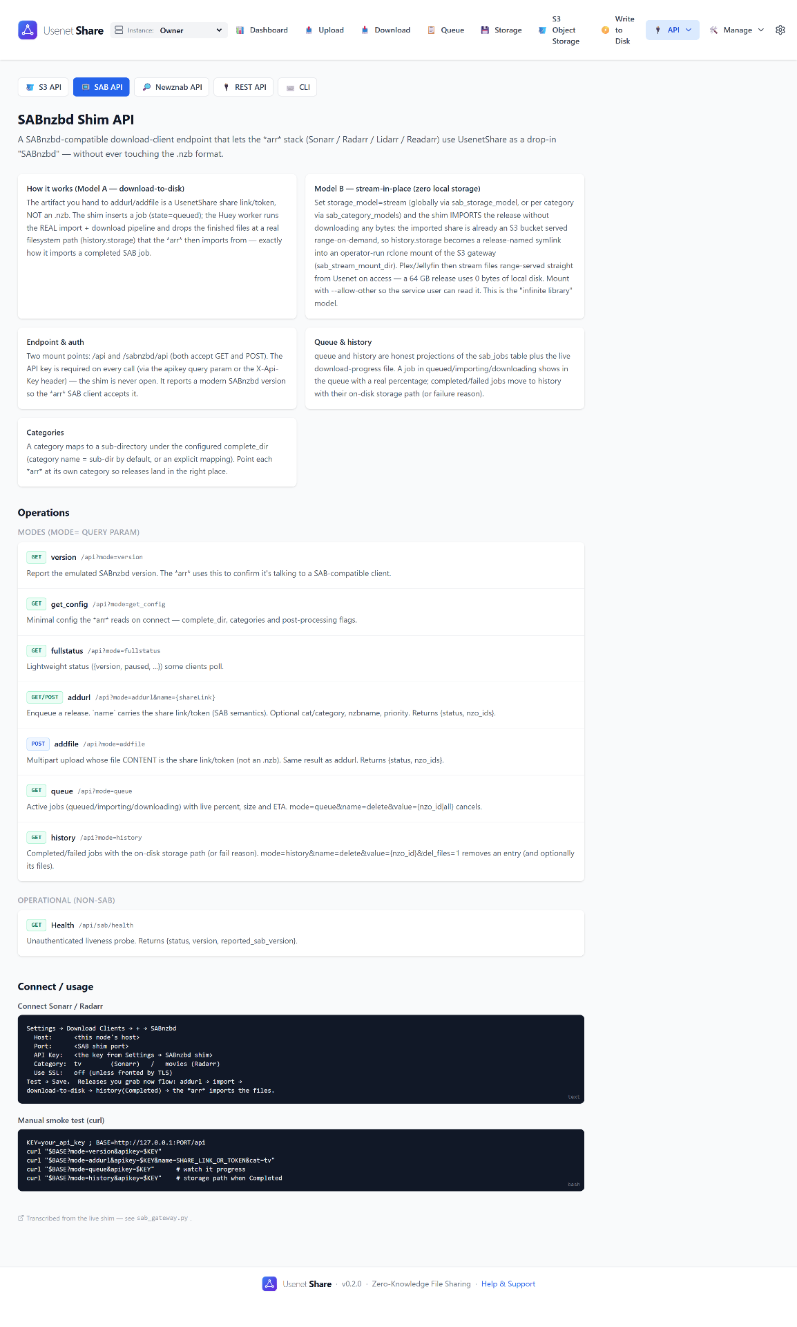 SABnzbd-compatible API — Usenet Share screenshot