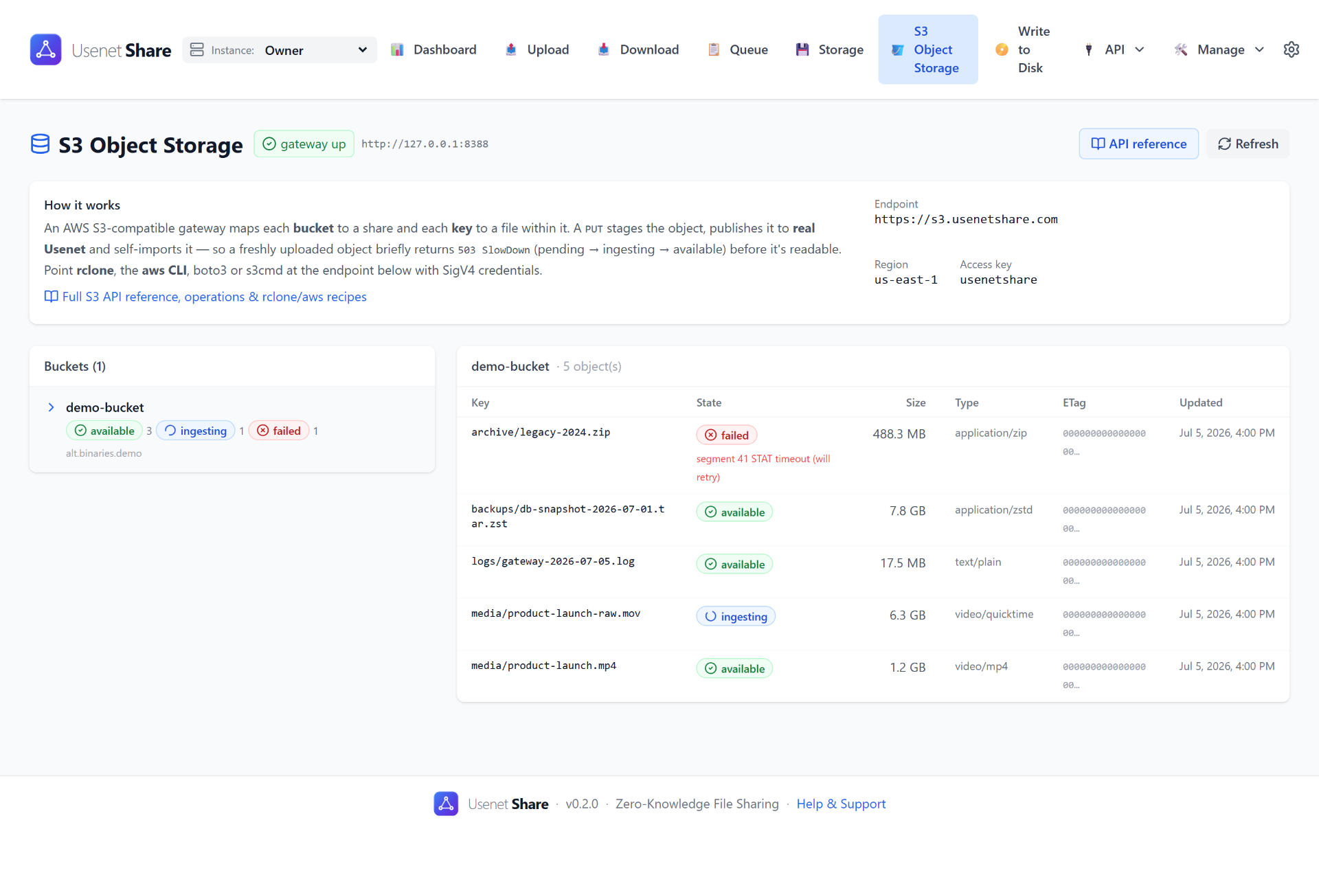 AWS S3-compatible on top of Usenet screenshot
